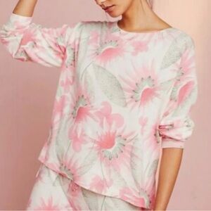 FLOREAT Anthropologie Pink Floral Brushed Fleece Sweatshirt Sweater Top, S Small